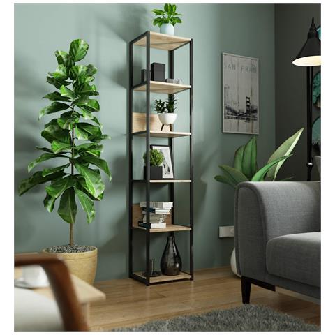 Scaffale stile loft con ripiani in legno, 6 ripiani, 40x32x192 cm, Colore Nero e Quarcia Sonoma - Foto 5