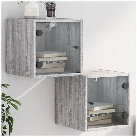 Comodini Con Ante In Vetro 2pz Grigio Sonoma 35x37x35 Cm - Foto 1