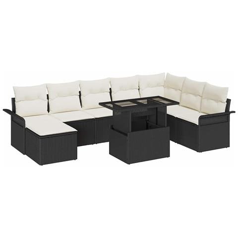 Set Divano da Giardino in Rattan Poly Nero 9 Pezzi con Cuscini, Set Divano da Giardino in Rattan Poly Nero per 2 Persone con Magazzino e Cuscini - Foto 1