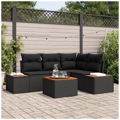 Set Divano Giardino 5 Pezzi con Cuscini Polyrattan Nero Acacia - Foto 2