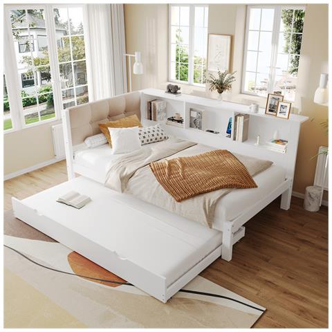 Letto Da Giorno 90x200cm, Divano Letto, Con Letto A Scomparsa 90x190cm, Letto Singolo Con Striscia Led Oscurabile, Ripiano, Connessione Usb, Legno Di Pino, Bianco, Senza Materasso - Foto 1