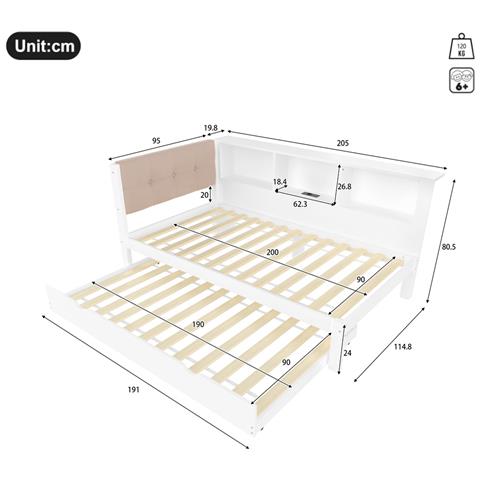 Letto Da Giorno 90x200cm, Divano Letto, Con Letto A Scomparsa 90x190cm, Letto Singolo Con Striscia Led Oscurabile, Ripiano, Connessione Usb, Legno Di Pino, Bianco, Senza Materasso - Foto 2