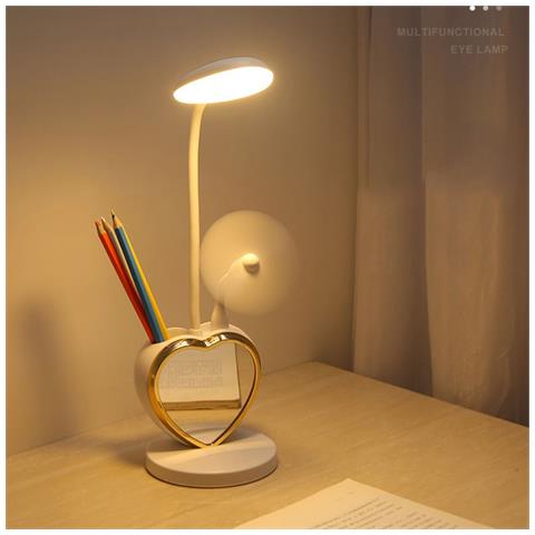Lampada Da Scrivania Usb A Forma Di Cuore Con Porta Penne, Luminosità Regolabile E Specchio Magnetico - Foto 2
