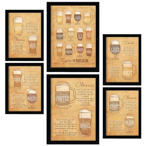 Set Di 6 Stampe Tipi Di Birra Illustrazioni A Colori Marroni Di Caffè E Bevande In Cartelloni Pubblicitari Per La Casa A3 & A4 Cornice Nera - Foto 1