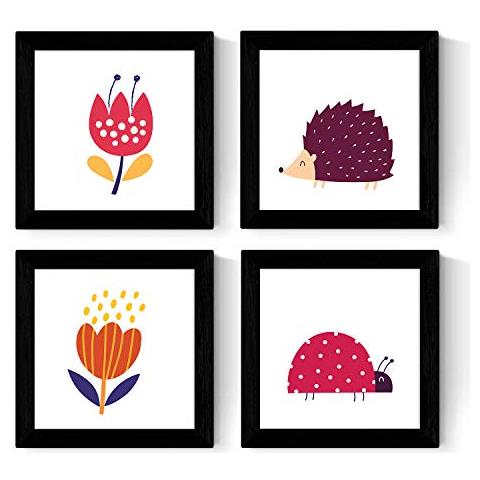 Set Di 4 Stampe Fogli Di Forma Quadrata Con Illustrazioni Riccio, Coccinella E Flores Nordico Stile Scandinavo, Cornice Nera 25x25 Cm - Foto 1
