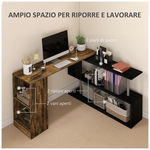Scrivania Angolare Salvaspazio con Ripiano a S, in Legno, 140x120x78 cm, color Marrone e Nero - Foto 2