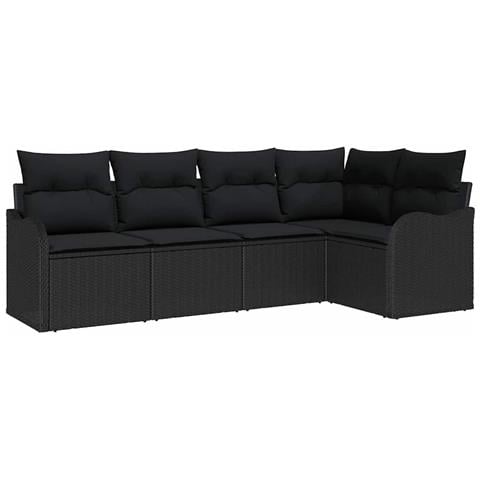 Set Divano da Giardino a 5 Pezzi con Cuscini in Rattan Polimerico Nero,  Divano da Giardino a 2 Posti con Cuscini in Rattan Polimerico Nero - Foto 1