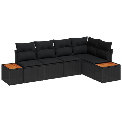 Set di divani da giardino 5 pezzi con cuscini neri in polyrattan e acacia - Foto 1