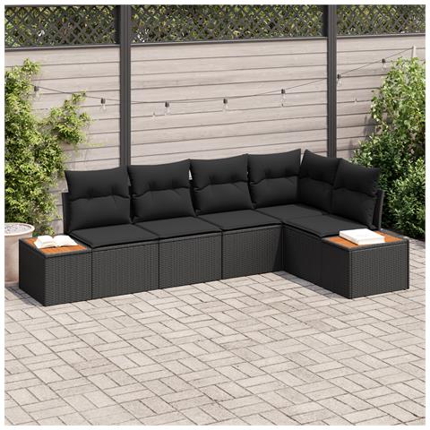 Set di divani da giardino 5 pezzi con cuscini neri in polyrattan e acacia - Foto 2