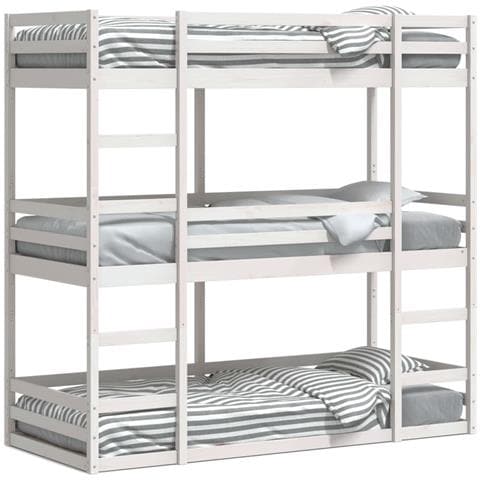 Letto a Castello Triplo Bianco 90x200 cm Legno Massello di Pino - Foto 1