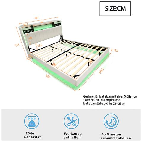 Letto Galleggiante Imbottito 140x200cm, Letto Per Bambini Con Illuminazione A Led E Presa Usb, Testata Con Vano Contenitore, Letto Per Adulti, Tessuto Di Lino, Beige, Senza Materasso - Foto 2