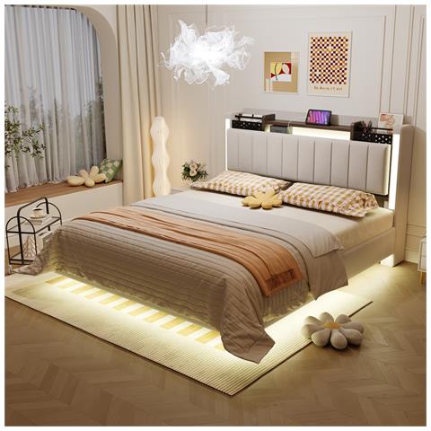 Letto Galleggiante Imbottito 140x200cm, Letto Per Bambini Con Illuminazione A Led E Presa Usb, Testata Con Vano Contenitore, Letto Per Adulti, Tessuto Di Lino, Beige, Senza Materasso - Foto 1