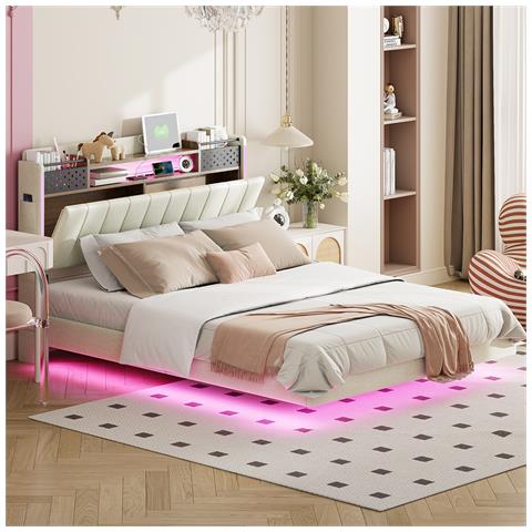 Letto Galleggiante Imbottito 140x200cm, Letto Per Bambini Con Illuminazione A Led E Presa Usb, Testata Con Vano Contenitore, Letto Per Adulti, Tessuto Di Lino, Beige, Senza Materasso - Foto 4