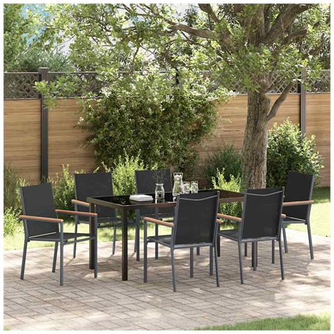 Set da Pranzo per Giardino 7 pcs Nero Textilene e acciaio - Foto 2