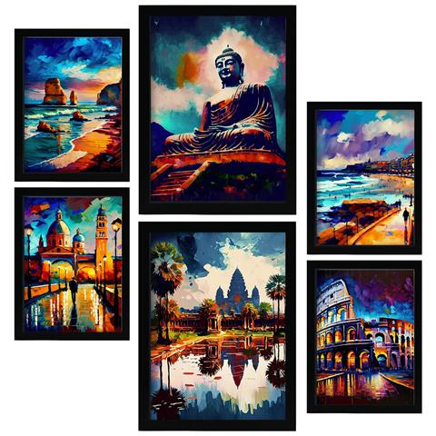 Set Di 6 Stampe Illustrazioni Di Monumenti E Città In Stile Pittura A Olio Con Umidità In Stile Fotografico A Colori A3 & A4 Cornice Nera - Foto 1