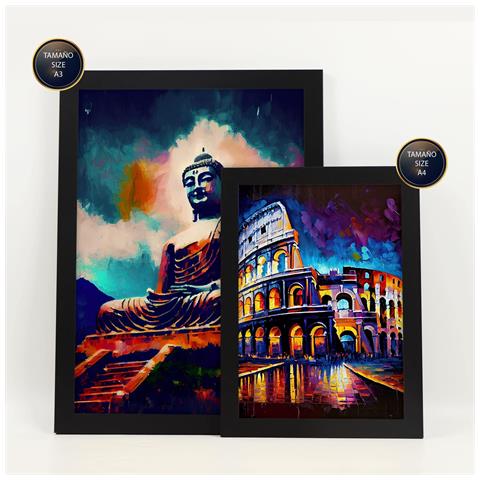 Set Di 6 Stampe Illustrazioni Di Monumenti E Città In Stile Pittura A Olio Con Umidità In Stile Fotografico A Colori A3 & A4 Cornice Nera - Foto 2