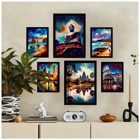 Set Di 6 Stampe Illustrazioni Di Monumenti E Città In Stile Pittura A Olio Con Umidità In Stile Fotografico A Colori A3 & A4 Cornice Nera - Foto 5