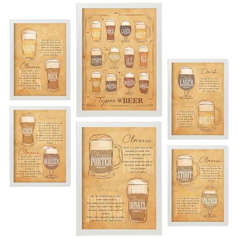 Set Di 6 Stampe Tipi Di Birra Illustrazioni A Colori Marroni Di Caffè E Bevande In Cartelloni Pubblicitari Per La Casa A3 & A4 Cornice Bianca - Foto 1