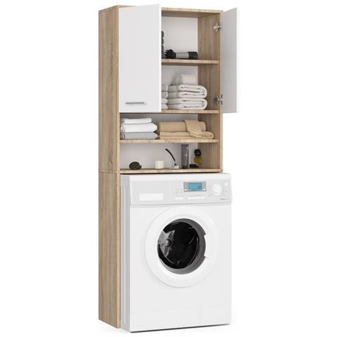 Mobile Alto, Collona da Bagno FIN per Lavatrice, 2 ante, 64x30x180 cm, Colore Sonoma Quercia e Bianco - Foto 2