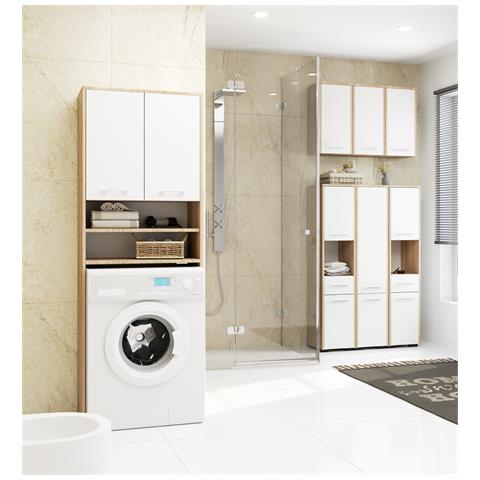 Mobile Alto, Collona da Bagno FIN per Lavatrice, 2 ante, 64x30x180 cm, Colore Sonoma Quercia e Bianco - Foto 6