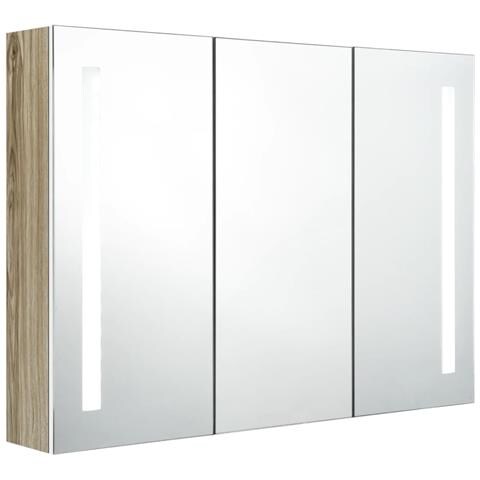 Armadietto Bagno Con Specchio E Led 89x14x62 Cm Bianco E Rovere - Foto 1