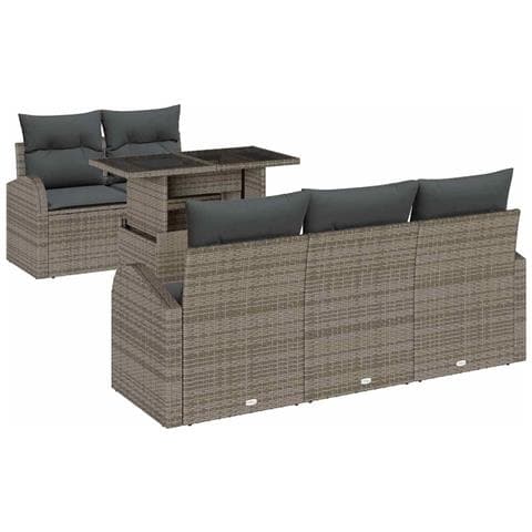 Set Divano da Giardino  6 Pezzi con Cuscini Grigio Rattan Polietilene, Divano da Giardino 2 Posti con Storage & Cuscini Grigio Rattan Polietilene - Foto 1