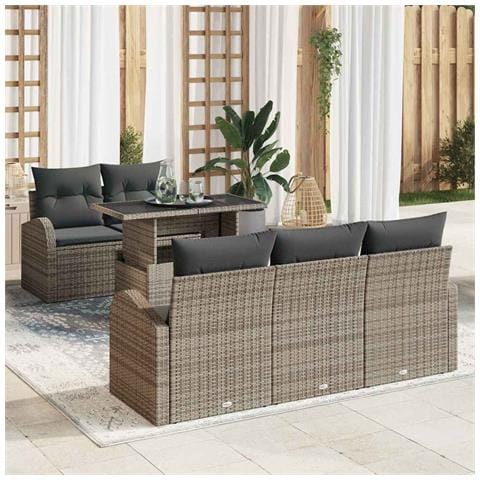 Set Divano da Giardino  6 Pezzi con Cuscini Grigio Rattan Polietilene, Divano da Giardino 2 Posti con Storage & Cuscini Grigio Rattan Polietilene - Foto 2