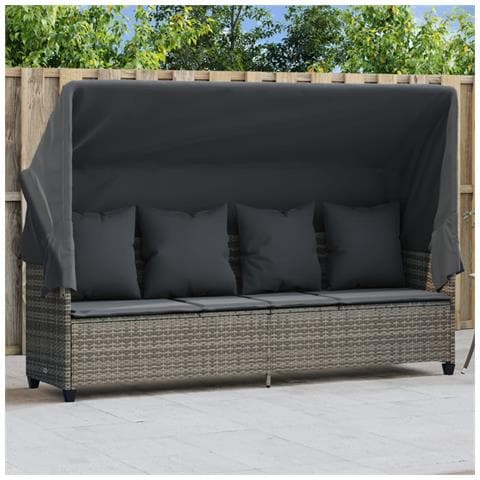 Lettino Prendisole con Baldacchino e Cuscini Grigio Polyrattan - Foto 2
