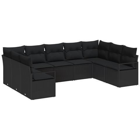 Set Divano da Giardino 9 Pezzi con Cuscini Nero Polirattan, Divano da Giardino 2 Posti con Cuscini Nero Polirattan - Foto 1