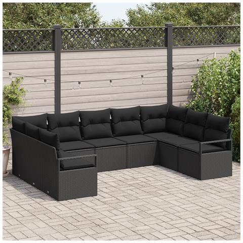 Set Divano da Giardino 9 Pezzi con Cuscini Nero Polirattan, Divano da Giardino 2 Posti con Cuscini Nero Polirattan - Foto 2