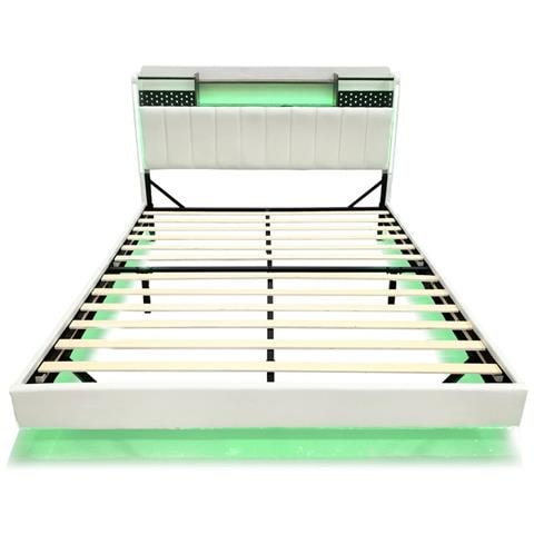 Letto Galleggiante Imbottito 160x200cm, Letto Per Bambini Con Illuminazione A Led E Presa Usb, Testata Con Contenitore, Letto Per Adulti, Tessuto Di Lino, Beige, Senza Materasso - Foto 4