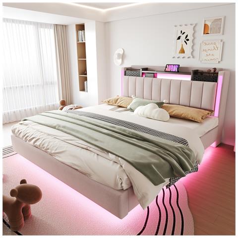 Letto Galleggiante Imbottito 160x200cm, Letto Per Bambini Con Illuminazione A Led E Presa Usb, Testata Con Contenitore, Letto Per Adulti, Tessuto Di Lino, Beige, Senza Materasso - Foto 1