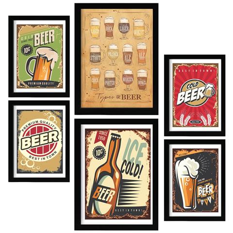 Set Di 6 Stampe Cartelli Per Birra Illustrazioni A Colori Di Caffè E Bevande In Cartelloni Pubblicitari Per La Casa A3 & A4 Cornice Nera - Foto 1