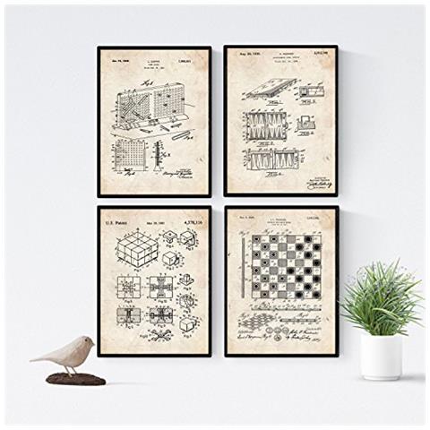 Set Di 4 Stampe Vintage Lamine Con Brevetti Di Gioco Da Tavolo. Poster Con Inventamenti E Brevetti. Scegli Il Colore Che Più Ti Piace Cornice Nera A4 - Foto 1