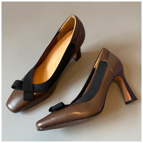 Scarpe Con Tacco Alto 8cm Stile Retro - Décolleté In Pelle Morbida Con Punta Quadrata E Fiocco Brown 38 - Foto 4