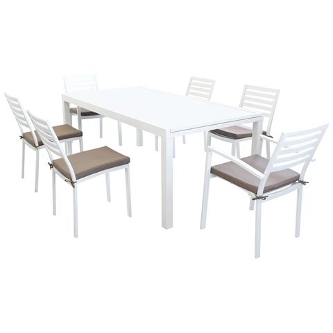 Set Tavolo Giardino Allungabile Rettangolare 200/300 X 100 Con 4 Sedie E 2 Poltrone In Alluminio Bianco Da Esterno - Foto 1