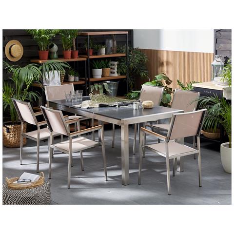 Set Di Tavolo E 6 Sedie Da Giardino In Acciaio, Basalto E Fibra Tessile Beige - Nero Fiammato - 180cm - Grosseto - Foto 27