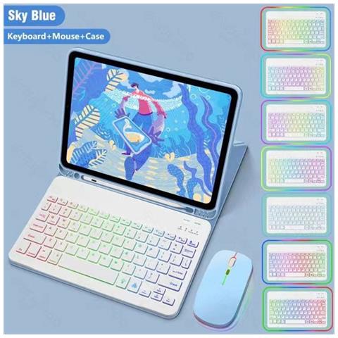 Custodia Per Ipad In Pelle Con Tastiera Bluetooth Rgb E Mouse Blue Ipad 12,9 Pollici - Foto 3