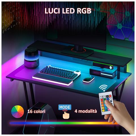 Scrivania Gaming con Luci LED e Supporto per Monitor, in Truciolato e Acciaio, 100x60x88.5 cm, Nero - Foto 2