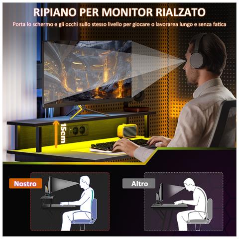 Scrivania Gaming con Luci LED e Supporto per Monitor, in Truciolato e Acciaio, 100x60x88.5 cm, Nero - Foto 6