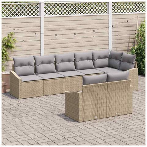 Set di divani da giardino 8 pezzi con cuscini Beige Rattan Poliestere - Foto 2