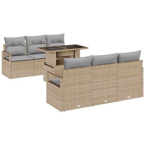 Set di divani da giardino da 7 pezzi con cuscini in rattan polietilene beige,  Divano da giardino per 2 persone con contenitore e cuscini in rattan polietilene beige - Foto 1