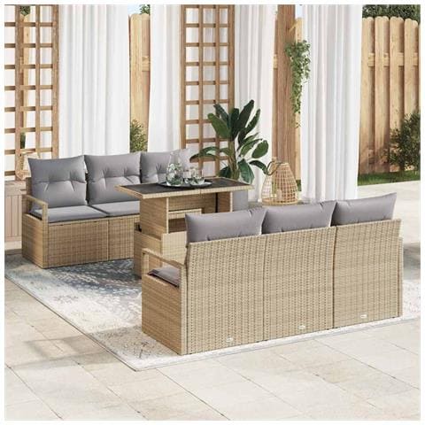 Set di divani da giardino da 7 pezzi con cuscini in rattan polietilene beige,  Divano da giardino per 2 persone con contenitore e cuscini in rattan polietilene beige - Foto 2