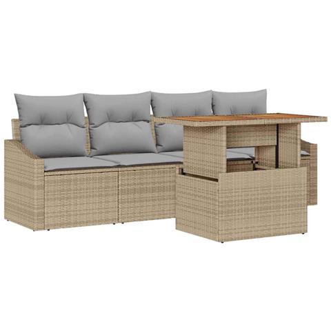 Set divano da giardino a 5 pezzi con cuscini in rattan sintetico beige - Foto 1