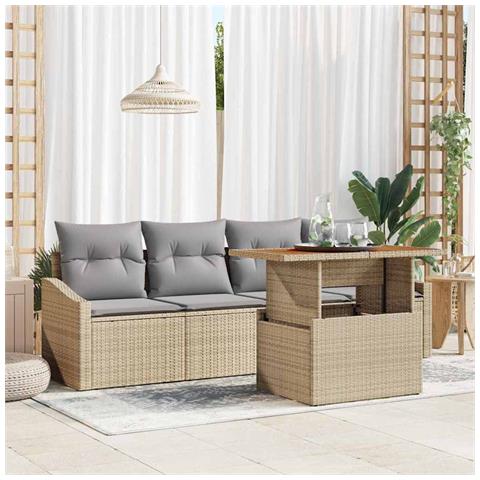 Set divano da giardino a 5 pezzi con cuscini in rattan sintetico beige - Foto 2