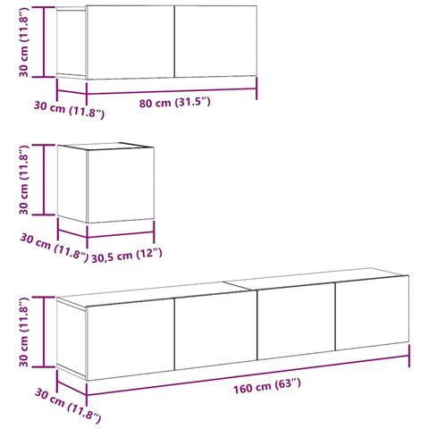Set Mobile TV 4 pz Montato a Parete Rovere in Legno Multistrato - Foto 9