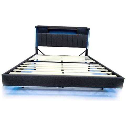 Letto Galleggiante Imbottito 140x200cm, Lettino Con Illuminazione A Led E Presa Usb, Testata Con Contenitore, Letto Per Adulti, Tessuto Di Lino, Grigio, Senza Materasso - Foto 2