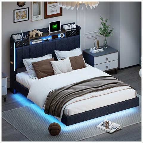 Letto Galleggiante Imbottito 140x200cm, Lettino Con Illuminazione A Led E Presa Usb, Testata Con Contenitore, Letto Per Adulti, Tessuto Di Lino, Grigio, Senza Materasso - Foto 4
