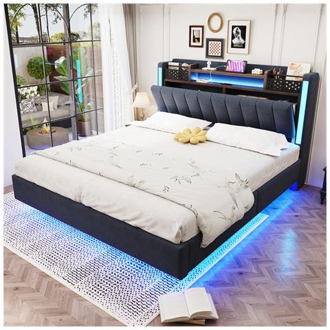 Letto Galleggiante Imbottito 140x200cm, Lettino Con Illuminazione A Led E Presa Usb, Testata Con Contenitore, Letto Per Adulti, Tessuto Di Lino, Grigio, Senza Materasso - Foto 1