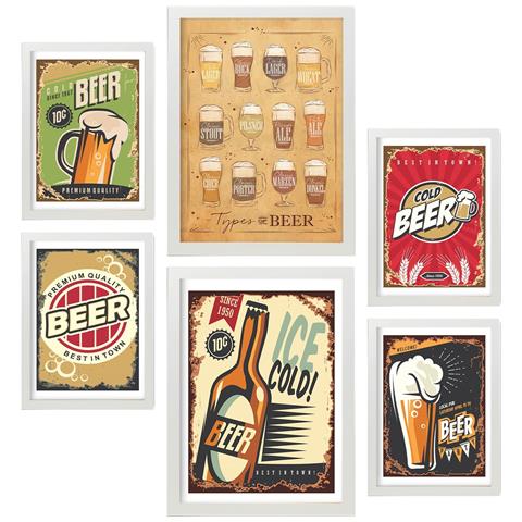 Set Di 6 Stampe Cartelli Per Birra Illustrazioni A Colori Di Caffè E Bevande In Cartelloni Pubblicitari Per La Casa A3 & A4 Cornice Bianca - Foto 1